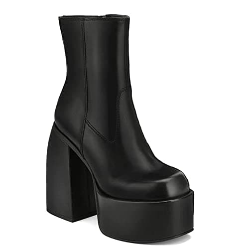 VOMIRA Women's Chunky Heel Square Toe Side Zipper Stretch Pu Leather GoGo Boots