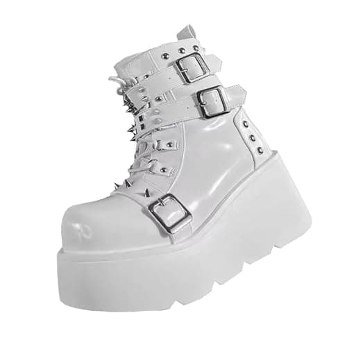LETCLOCOM Women's Gothic Ankle Booties with Metal Buckle & Zip Lace-Up