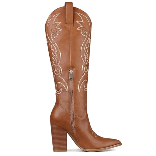 VOMIRA Pointed Toe Chunky Heel Knee High Cowboy Boots