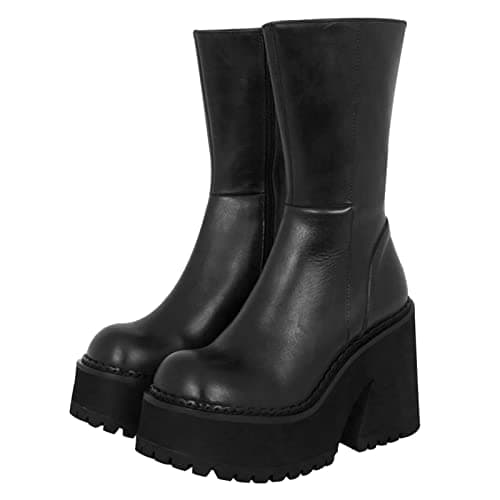 AMINUGAL Women's Chunky Wedge Heel Ankle Boots with Zipper - Fashionable Mid Calf Combat Booties
