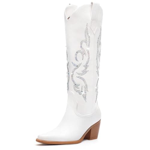 Platikly Women's Wide Calf Rhinestone Knee High Western Boots