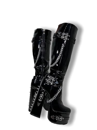 Frankie Hsu Black Patent Gothic Chunky Platform Heeled Boots Silver Chain Rivets