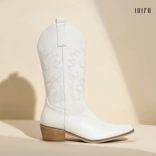 IDIFU Women's Mid-Calf Embroidered Cowboy Boots