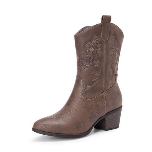 Dream Pairs Women's Mid Calf Embroidered Cowgirl Boots