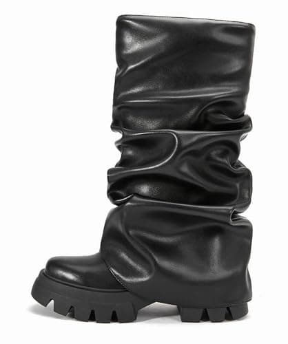 LISHAN Women's Metallic Fold-Over Pull-On Ruched Platform Heels