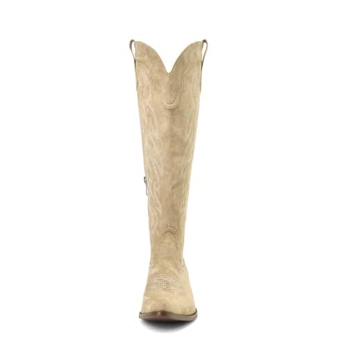 Eurouram Women's Knee High Cowboy Boots - Embroidered Pointed Toe, Wide Calf Heel