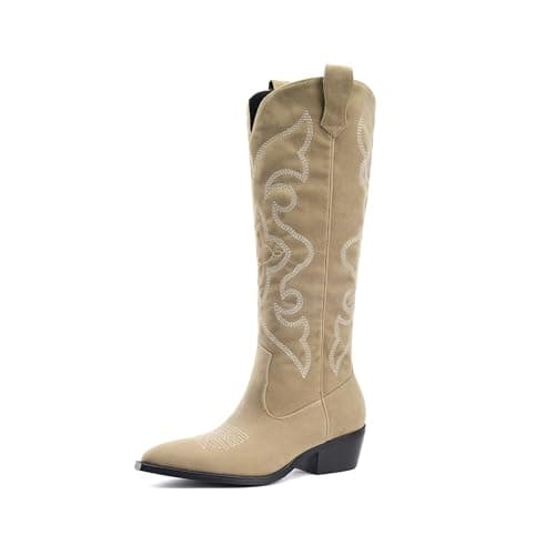 Eurouram Women's Knee High Cowboy Boots - Embroidered Pointed Toe, Wide Calf Heel