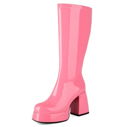 Roimaash Women's Mid-Calf Metallic Patent Platform Boots