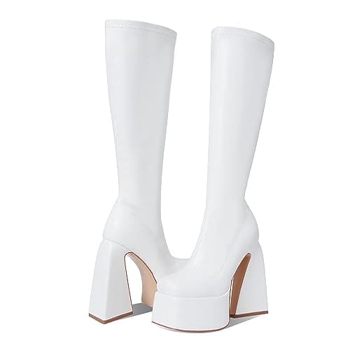 Woman Mid Calf Square Toe Chunky Heel Zipper Booties