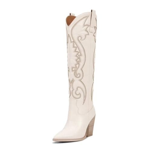ISNOM Women's Cowboy Knee High Embroidered Pointed Toe Boots