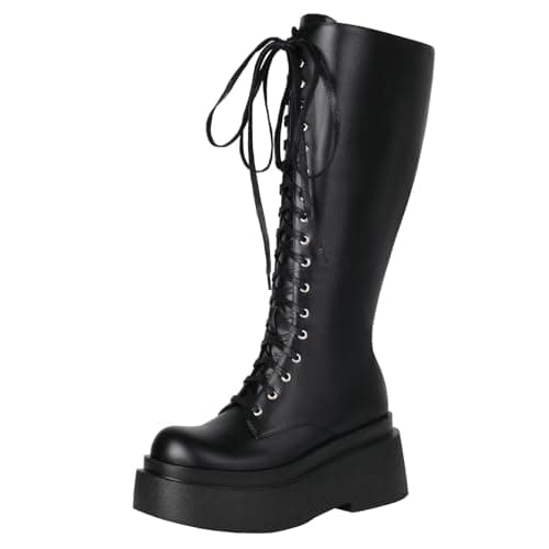 Parisuit Women's Gothic Knee High Lace-Up Buckle Boots Chunky Heel