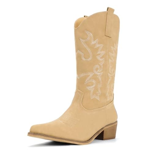 IDIFU Women's Mid-Calf Embroidered Cowboy Boots