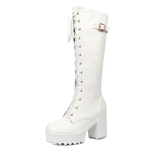 Parisuit Women's Gothic Knee High Lace-Up Buckle Boots Chunky Heel