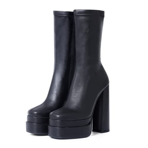 VOMIRA Women's Black Platform Zip Go Go Boots with Square Toe Heel