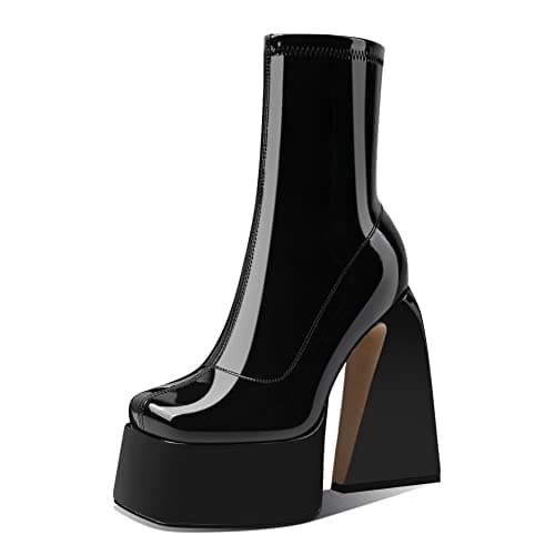 Women's Chunky High Heel Platform Boots with Side Zipper
