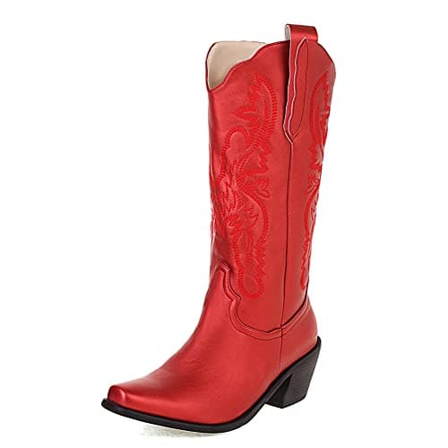 Mikarka Women's Embroidered Mid-Calf Cowboy Boots with Square Toe and Pull-Up Tabs