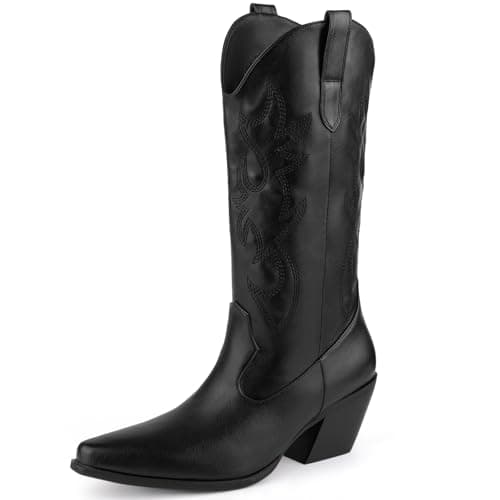 MISSMILLER Women's Cowboy Boots Mid Calf Embroidered Pointed Toe Heel