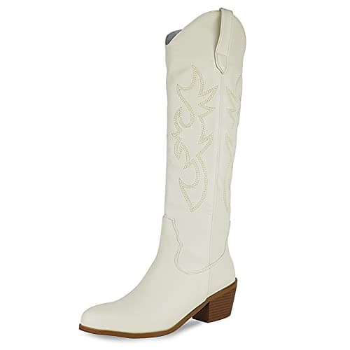Mikarka Women's Embroidered Mid-Calf Cowboy Boots with Square Toe and Pull-Up Tabs