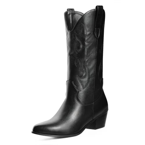 Ouepiano Women's Western Cowgirl Embroidered Boots, Mid Calf Pointed Toe Chunky Heel Pull-On Boots for Ladies