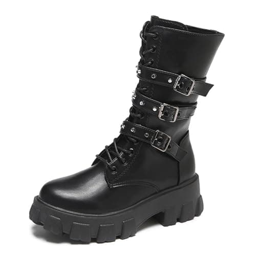 UOQAPRE Women's High Heel Combat Boots Square Toe Lace-Up Ankle Booties