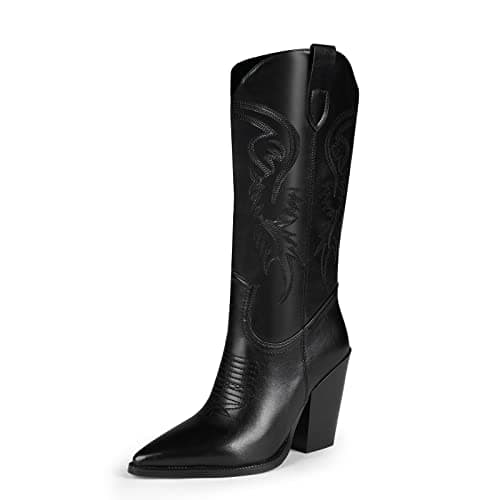 ISNOM Women's Pointed Toe Chunky Heel Cowboy Boots