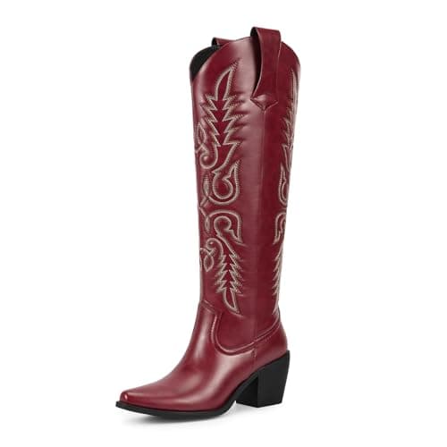 Wetkiss Women's Retro Knee High Cowboy Boots with Side Zipper