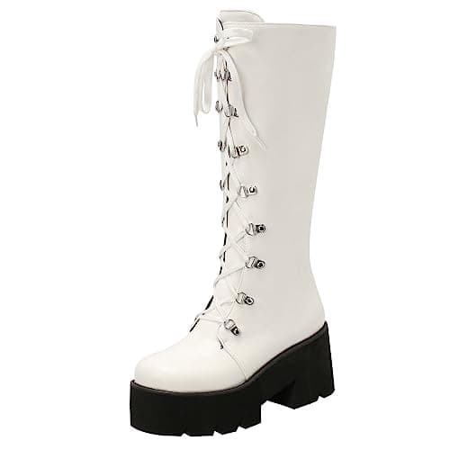 Parisuit Women's Gothic Knee High Lace-Up Buckle Boots Chunky Heel