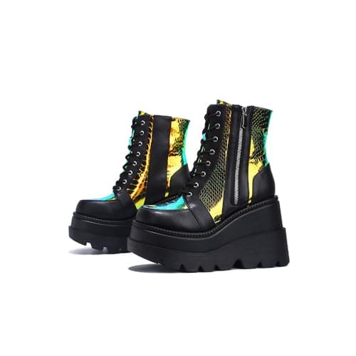 Cape Robbin Radio Holographic Platform Ankle Boots with Chunky Block Heels for Women + Holographic Design + Chunky Block Heels + Comfortable Walking + Women's Ankle Boots + Chunky Heels Ankle Boots + Trendy Holographic Ankle Boots