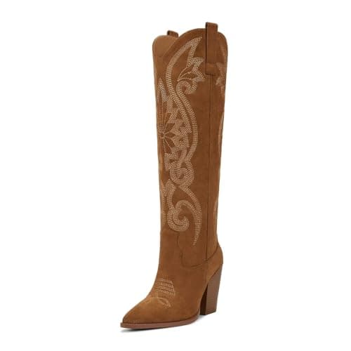 ISNOM Women's Cowboy Knee High Embroidered Pointed Toe Boots