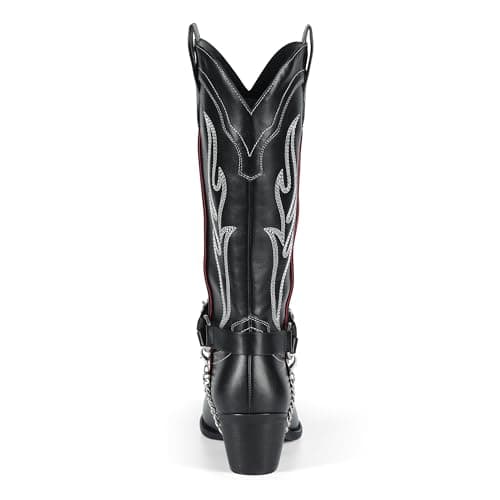 Faux Leather Cowboy Boots for Women with Chain & Embroidery