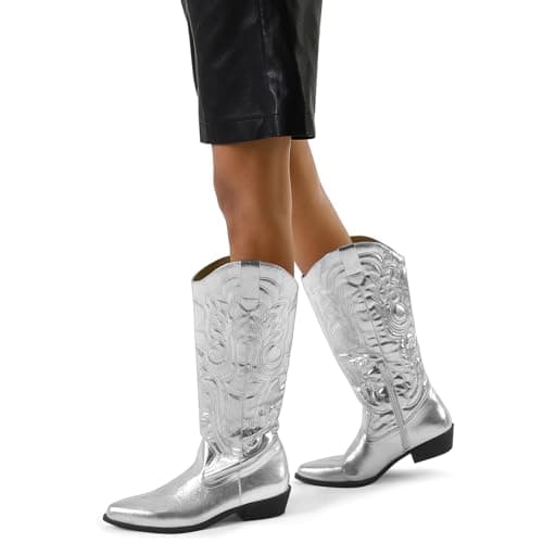 Mysoft Women's Cowboy Boots - Embroidered Knee High Pointed Toe Heel