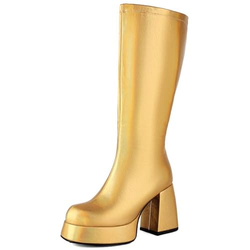 Roimaash Women's Mid-Calf Metallic Patent Platform Boots