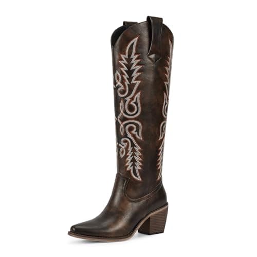 Wetkiss Women's Retro Knee High Cowboy Boots with Side Zipper