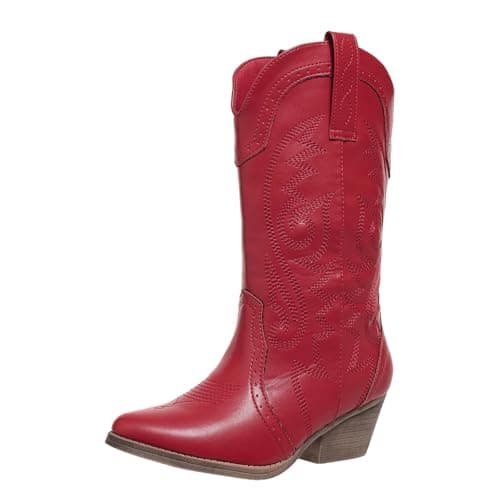 Red Embroidered Western Pointy Toe Booties for Women US5-11