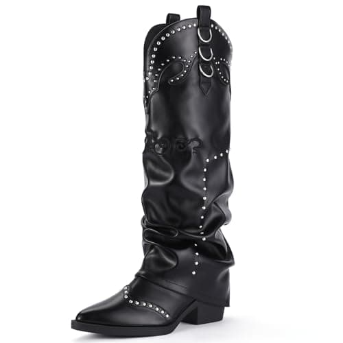 IDIFU IN2 Fold Over Cowboy Boots - Women's Western Embroidered Knee High Heel