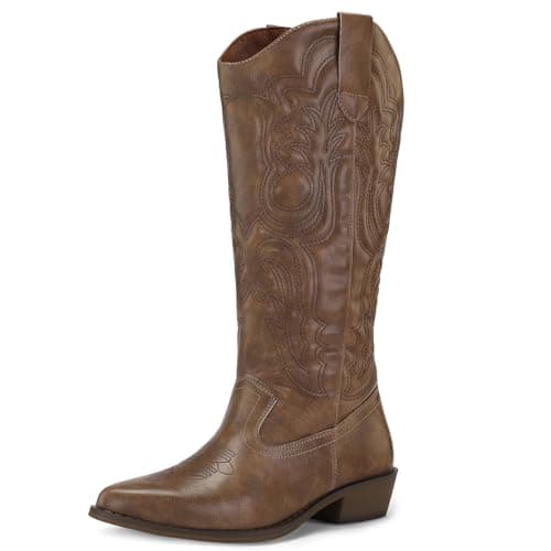 Mysoft Women's Cowboy Boots - Embroidered Knee High Pointed Toe Heel