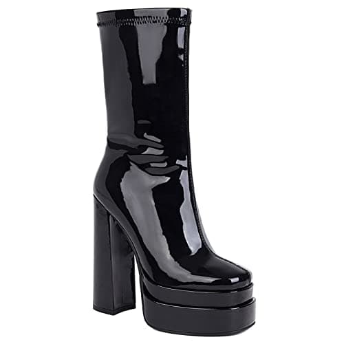 VOMIRA Women's Black Platform Zip Go Go Boots with Square Toe Heel