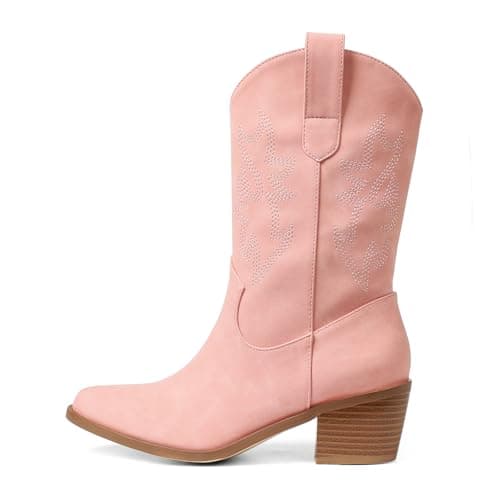 Vimisaoi Women's Retro Embroidered Mid Calf Cowboy Boots