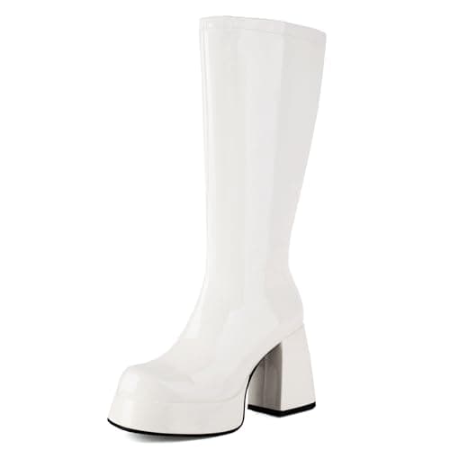 Roimaash Women's Mid-Calf Metallic Patent Platform Boots