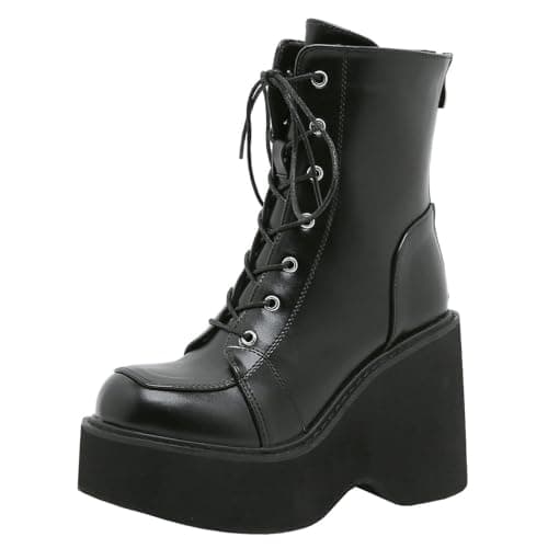 Goth Women's Platform Ankle Boots with Chunky High Heel and Lace Up Detail