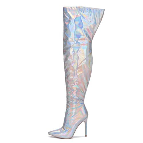 Cape Robbin Women's Metallic Thigh High Boots with Zippered Pointed Toe and Stiletto Heels