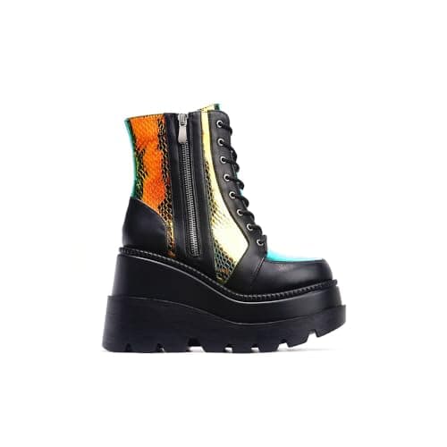 Cape Robbin Radio Holographic Platform Ankle Boots with Chunky Block Heels for Women + Holographic Design + Chunky Block Heels + Comfortable Walking + Women's Ankle Boots + Chunky Heels Ankle Boots + Trendy Holographic Ankle Boots