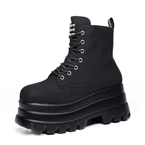 Gothniero Women's Black Holographic Combat Ankle Boots with Chunky Heel and Side Zip (US 5.5-11)