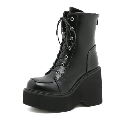 Women's Black Lace-up Goth Platform Boots