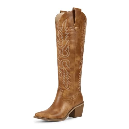 Wetkiss Women's Retro Knee High Cowboy Boots with Side Zipper