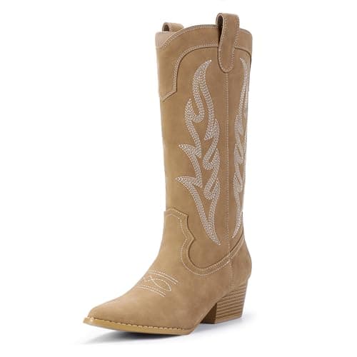 IDIFU IN2 Women's Cowboy and Cowgirl Boots with Embroidery - Mid Calf, Chunky Low Heel, Pointed Toe, Perfect for Fashion and Weddings