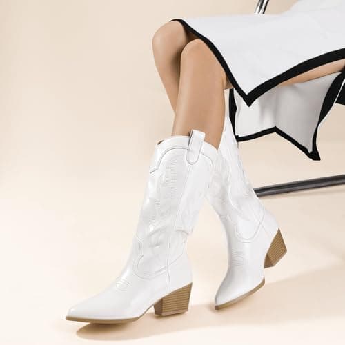 IDIFU IN2 Women's Mid Calf Embroidered Cowboy Bootschunky Heel Country Style Booties