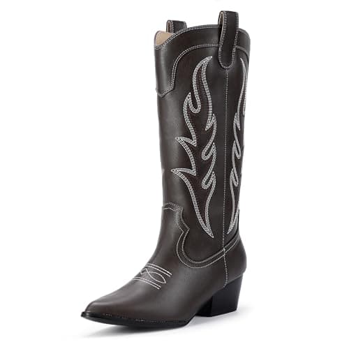 IDIFU IN2 Women's Cowboy and Cowgirl Boots with Embroidery - Mid Calf, Chunky Low Heel, Pointed Toe, Perfect for Fashion and Weddings