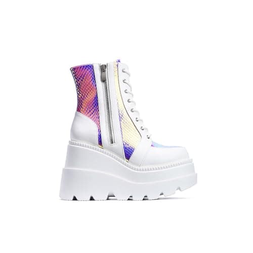 Cape Robbin Radio Holographic Platform Ankle Boots with Chunky Block Heels for Women + Holographic Design + Chunky Block Heels + Comfortable Walking + Women's Ankle Boots + Chunky Heels Ankle Boots + Trendy Holographic Ankle Boots