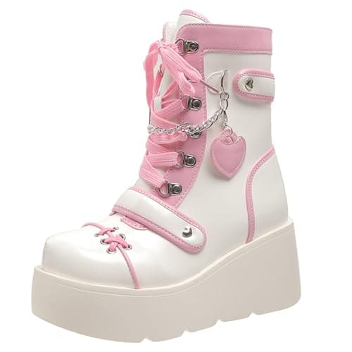 UOQAPRE Women's High Heel Combat Boots Square Toe Lace-Up Ankle Booties